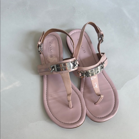 Coach Pink T-Strap Sandals with Chain-Link Detail - Picture 1 of 7
